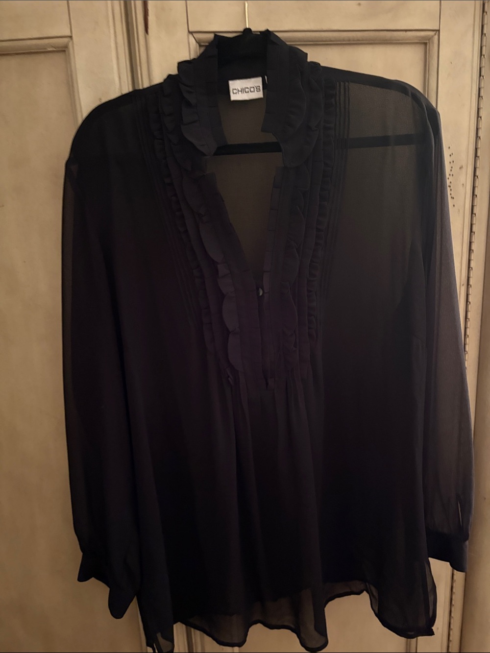 Chico's Black Sheer Ruffled V-Neck Blouse